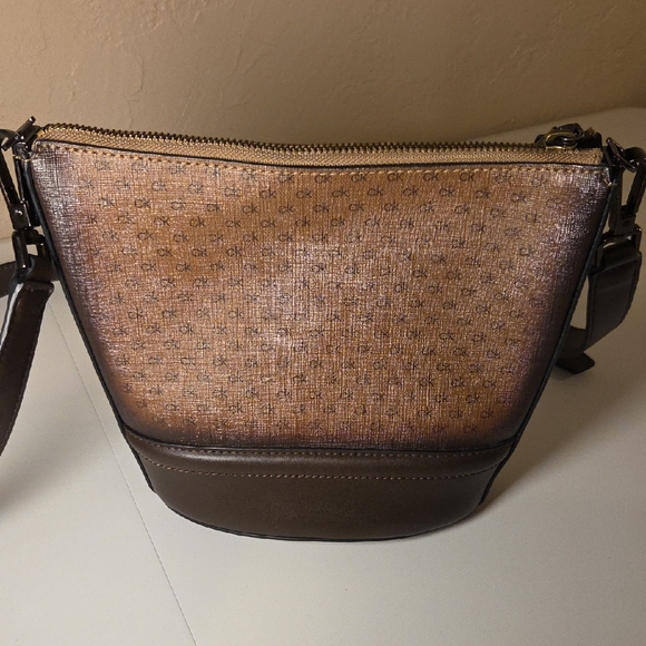 Calvin Klein CK Monogram Mini Shoulder Bag Brown Logo Zip Pouch Purse - Picture 4 of 8